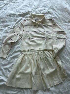 Zara Cream Knit Polo and Pleated Skirt Set with Thin Burgundy Stripes